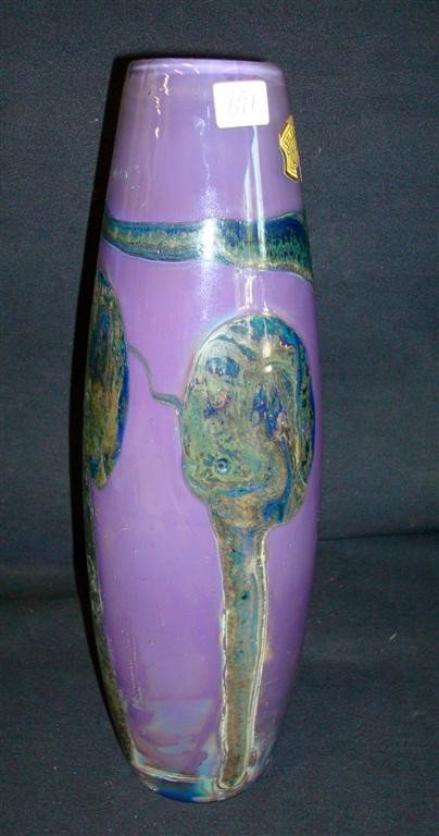 VAL SAINT LAMBERT VASE: Art glass cylindrical vase, lavender ground with flower buds and stems; 14in. H.