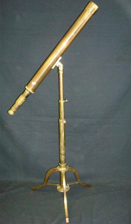 EARLY BRASS TELESCOPE: Earl brass telescope with adjustable tripod stand; 27in.(telescope), 50in.(stand)