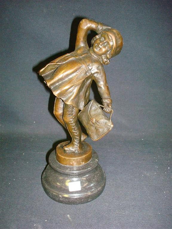 JUAN CLARA; BRONZE GROUPING SIGNED: Bronze grouping of a young girl with valise signed, on tiered marble base; 10in. H.