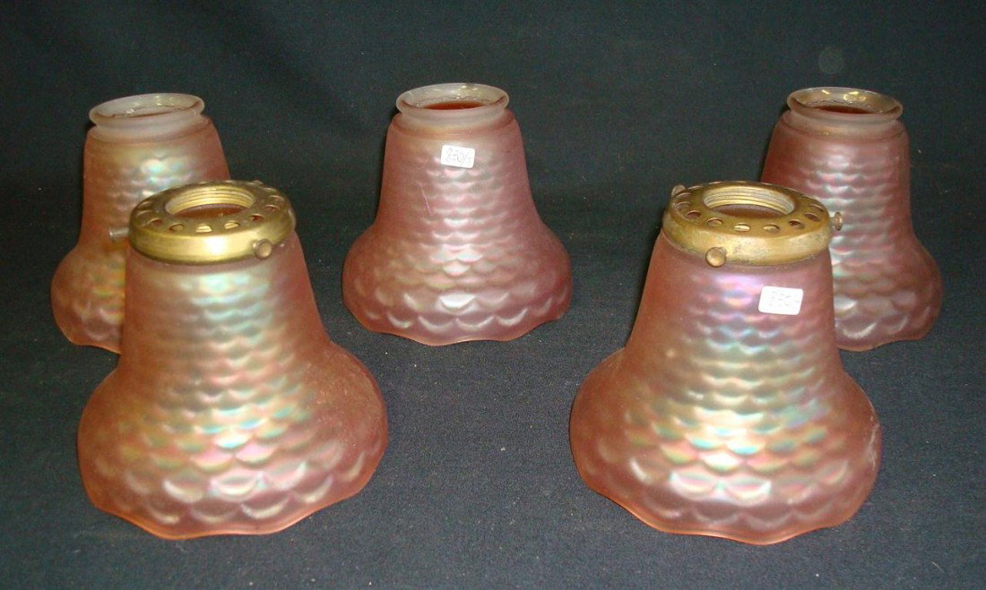 FIVE(5) CARNIVAL GLASS LAMP SHADES.: 4 1/2"H. 2 1/4" aperture o pening (two with rim chip)