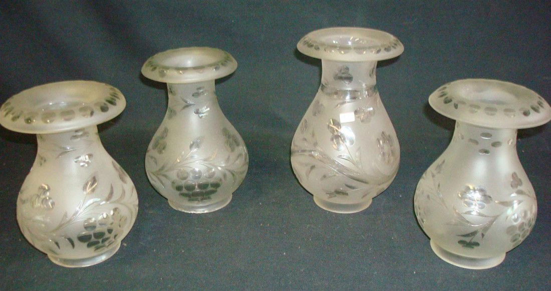 FOUR FROSTED AND CUT GLASS HURRICANE SHADES: 8"H 2 3/4" openings (1) 7 3/4"H. with 3 1/8" aperture (3)