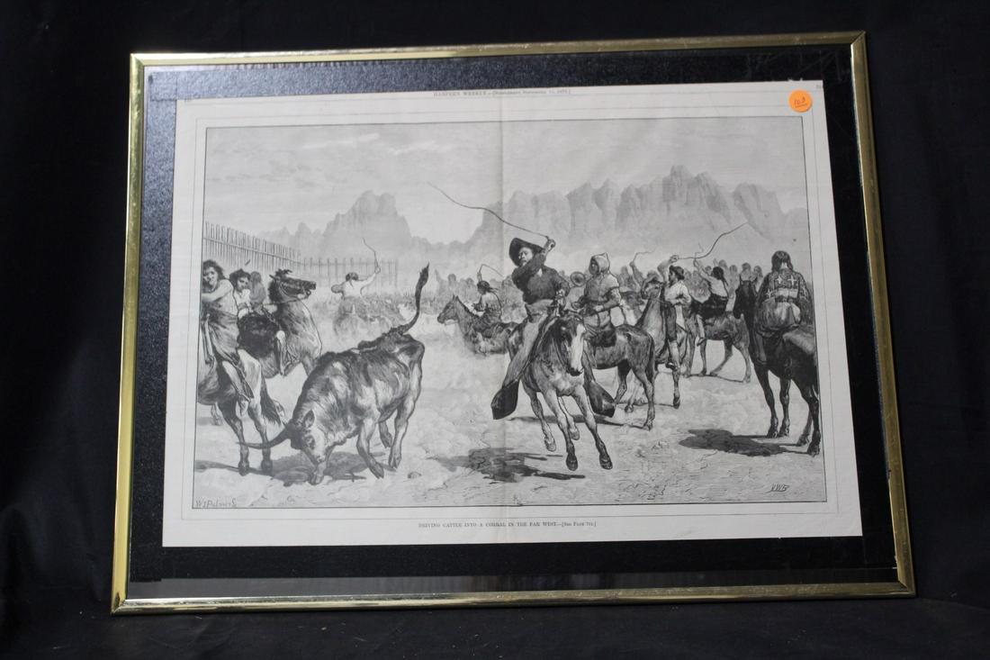 W.J. Palmer. Harper's Weekly Page. 1875: Sept. 11, 1875 entitled "Driving Cattle into a Corral in the Far West". 14 1/2"h. x 21"W. Overall size 18"H x 24"W Framed.