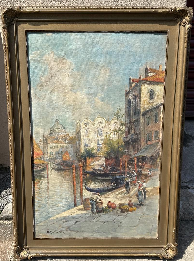 Arthur V. Diehl; Oil Venice Port Signed: Arthur V. Diehl(1870-1929) Oil on board. Venice Port. Signed lower left. Original framing; 32in. X 20in.(image),