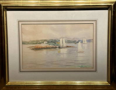 John H. Twachtman; American Watercolor Seascape Signed: John Henry Twachtman(1853-1902) Watercolor on paper. New England Seascape with Sailboats. Signed lower right and dated '79; 8.5in. X 13.5in.(image), 17in. X 22in.(framed)