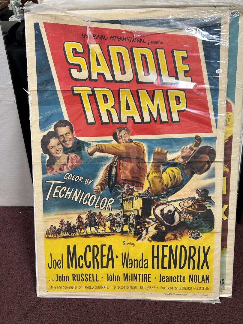 Saddle Tramp & Colorado Territory One Sheet Movie Posters (2): Joel McCrea 1950 Universal International film, Saddle Tramp and Joel McCrea (with Raquel Welch) . perhaps her introduction in Colorado Territory. Both 27 x 41 In protective sleeves Two in the lot.
