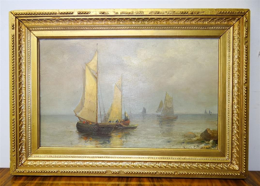 SAMUEL COLMAN; OIL PAINTING SIGNED: Oil on panel, Fishermen Off the Shore signe l.r. and dated 1875(?); 10in. X 16in.