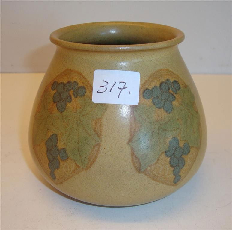 MARBLEHEAD ART POTTERY VASE: Grape and leaf design. Marked M P with a sailing vessel for Marblehead Pottery. Artist signed with initials HT 4"H.
