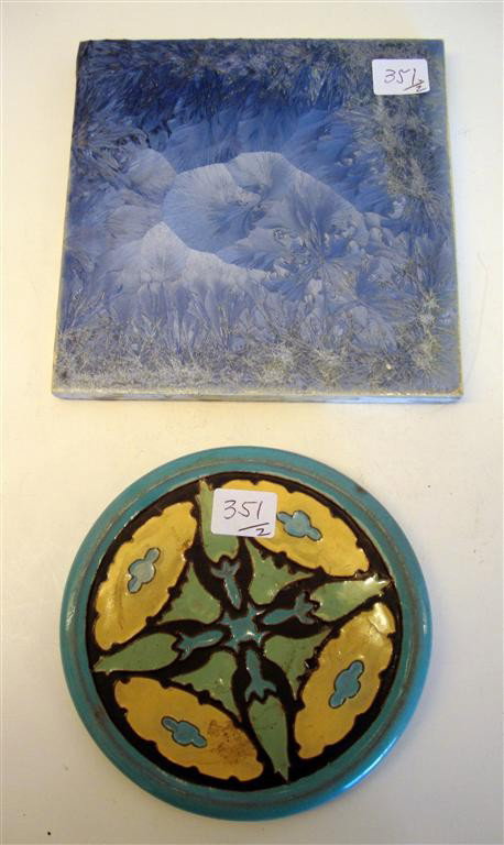 CALIFORNIA AND NEW JERSEY TILES: California Faience one is 5" round. New Jersey C. 1893. Old Bridge Tile 6 " square