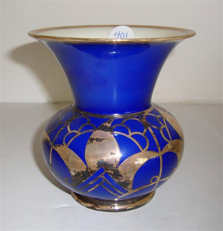 ALBOTH AND KAISER SILVER OVERLY PORCELAIN VASE: Marked at the bottom AL KA Kunst Kronach Bavaria 4 1/2"H. 4"W