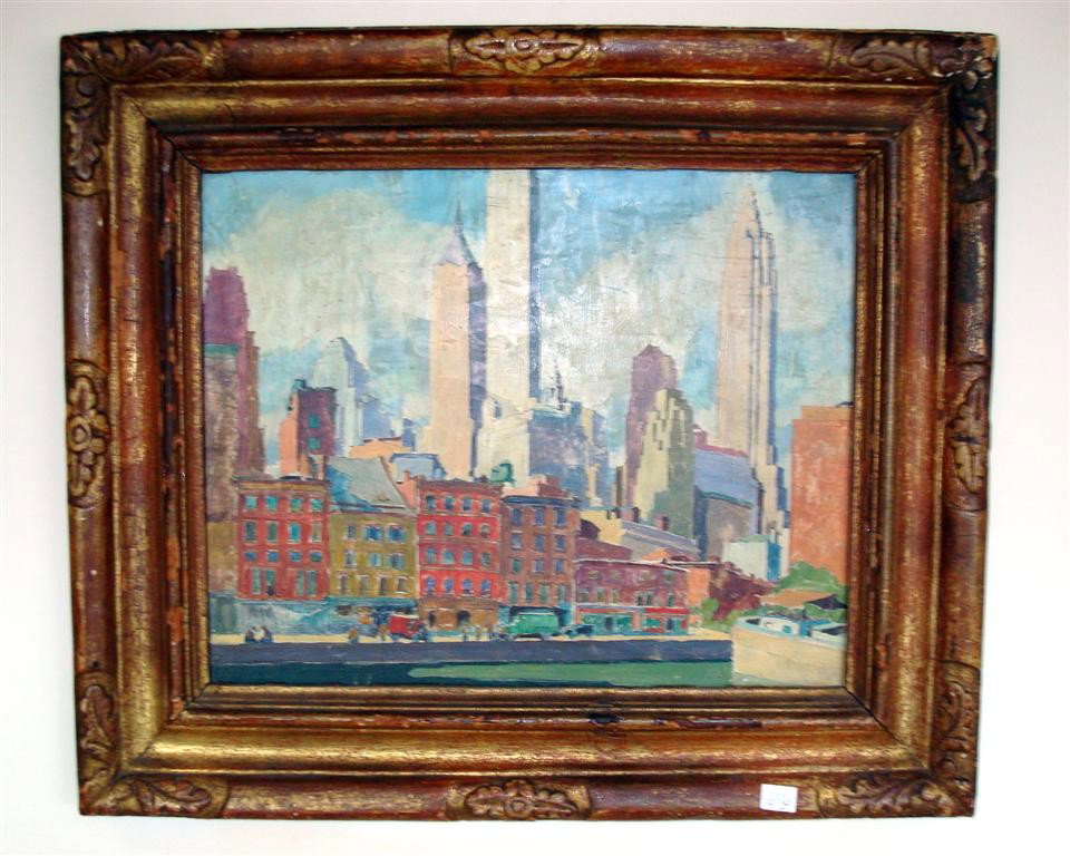 BERTRAM HARTMAN; OIL PAINTING NYC SKYLINE: 20th C. American oil ono board, NYC Skyline attributed to Bertram Hartman; 13.5in. X 17.25in.