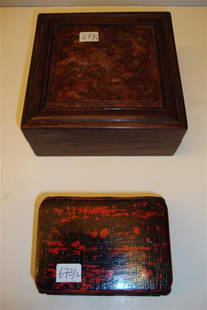 18TH C. SCHOLAR'S SOAPSTONE SEAL SGD. & A STAND: In a silk lined fitted burled walnut box 4 3/4"square Included in the lot is a hand carved 19th C. Chinese stand with Negrut lacquer at the top 4" x 3"