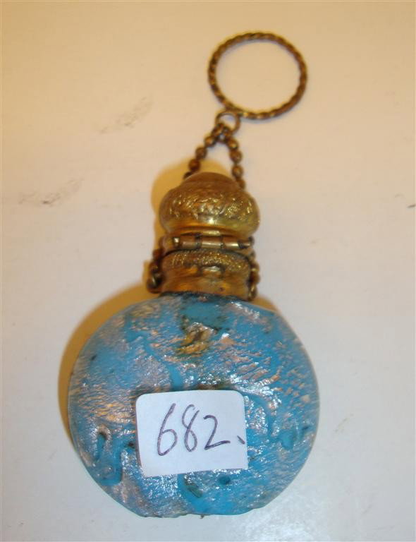 FRENCH CYPRIOT GLASS PERFUME: Perfume bottle with fancy brass fittings and chain for fitting on a chatelaine 2"