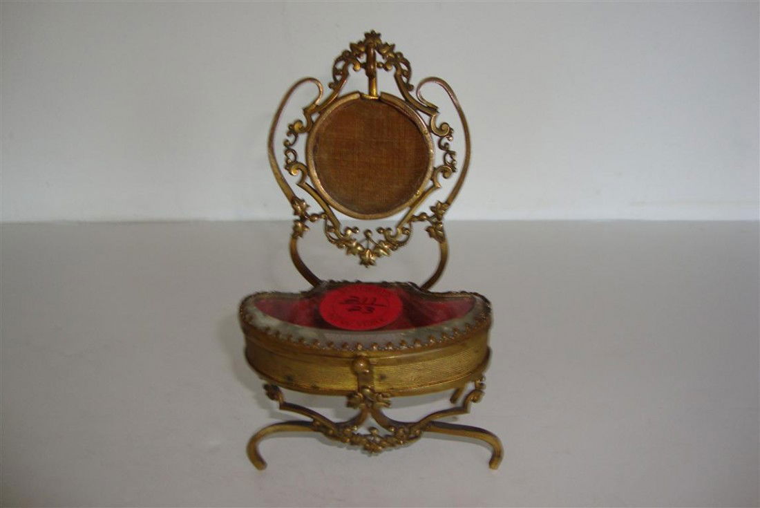 FRENCH WATCH HOLDER AND JEWEL BOX VANITY FORM: With a beveled glass ring box and a holder at the top where the mirror would have been to hold a pocket watch Sotheby's label. 5 1/2"H