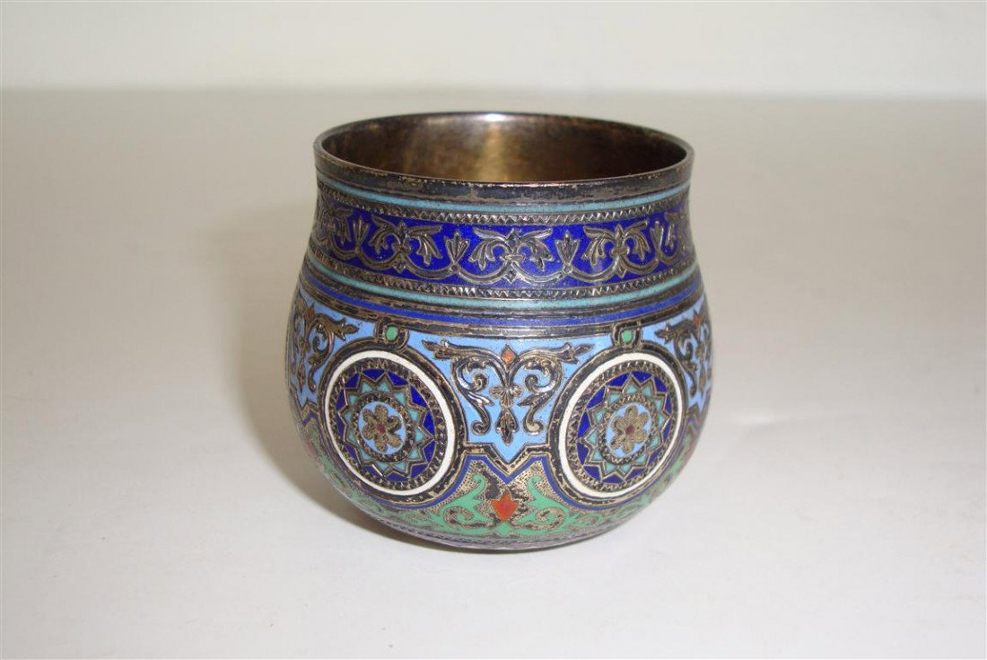 RUSSIAN ENAMELED SILVER CUP: 18th-19th C. Russian enameled silver cup, marked 84 silver and hallmarked; 1.75in. H.