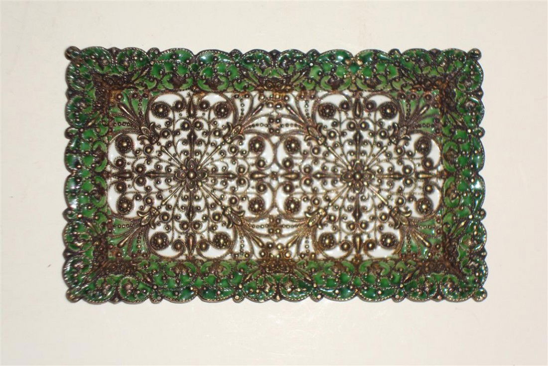 SHIEBLER STERLING SILVER ORNATE PIN TRAY: Highly ornate and filigreed polychromed sterling silver and enameled pin tray with a mark for Georg Shiebler, New York silver maker . Marked sterling and numbered 7608 2 1/2" W x 4"L