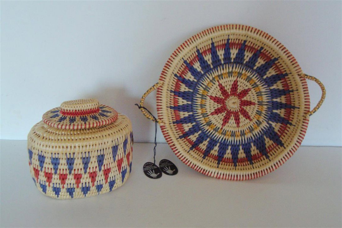 ELLEN SAVAGE COVERED BASKET AND BASKET TRAY: Original tags in place. Alaska basketry. Covered basket $367 and tray $294