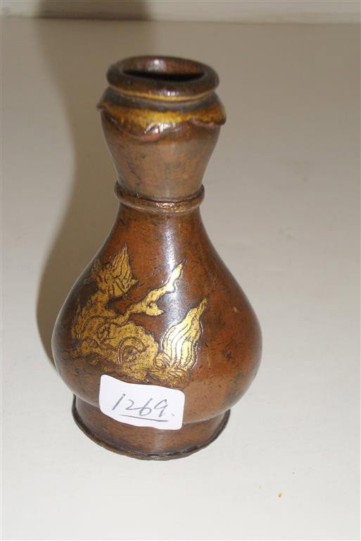 19TH C. JAPANESE BRONZE VASE: 19th C. Japanese miniature bronze vase, gilt animalier decoration. Edo period; 3.25in. H.