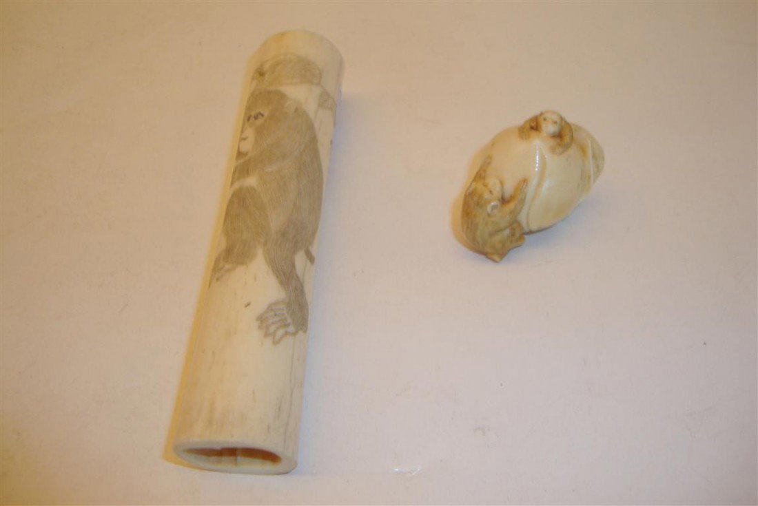 TWO(2) JAPANESE IVORY CARVINGS: Two(2) Japanese carved ivory pieces- ivory carving with monkey and insect, 4.25in. H.; small ivory nut carving with monkeys, 1in. H.