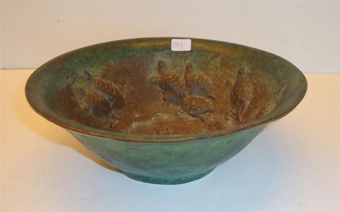 AMERICAN BRONZE BOWL SIGNED E. T. HURLEY 1926: This substansial American bronze bowl is sculpted at the inside with thirteen turtles and with a small turtle "swimming" in a "water pool" sculpted into the bottom of the bowl. Signed E.T.H and dated 
