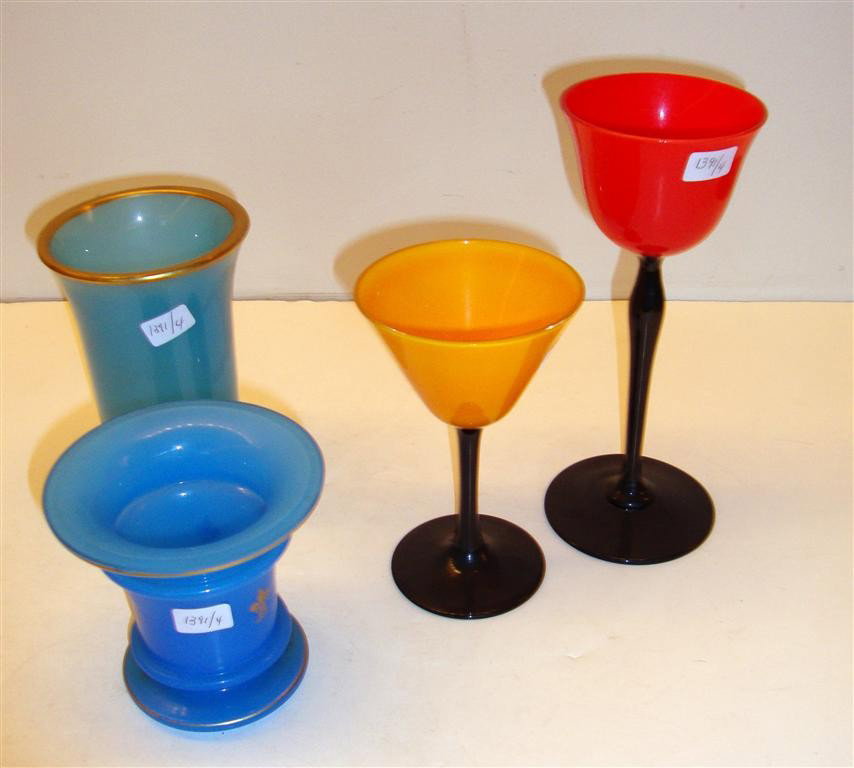 FOUR PCS GLASS INC. TWO FRENCH OPALINE VASES: 3 3/4" to 6 1/2"H.