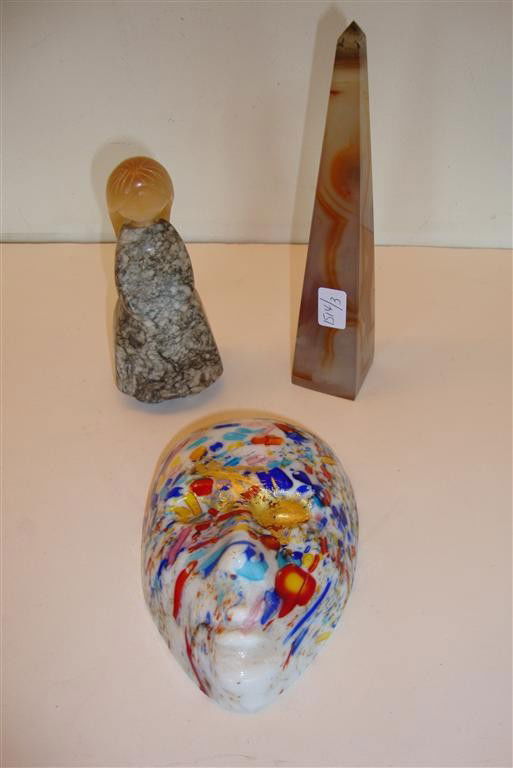 MILLEFIORE MASK, MARBLE OBELISK & FIGURE: 5" to 6 1/2"H