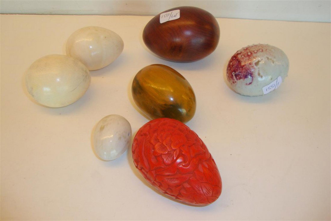 SEVEN EGGS INC. IVORY, CARVED CINNABAR ETC.: 3" to 1"