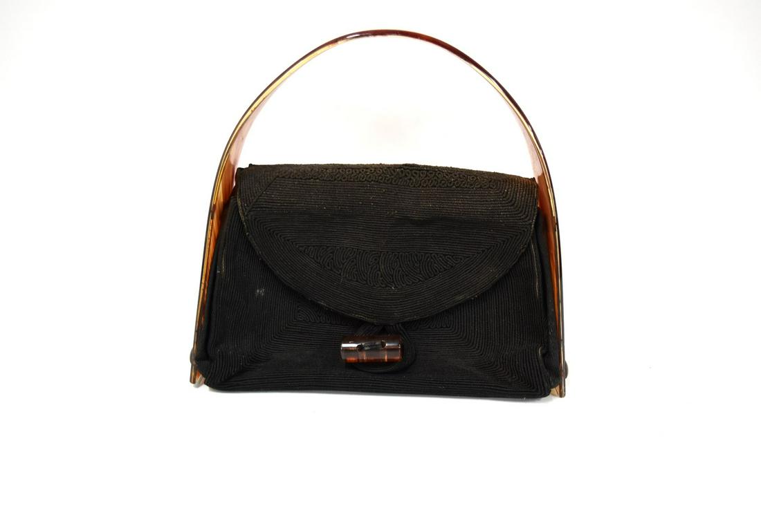 Corde Lucite and Corduroy Handbag: Corduroy fabric and lucite handle; 7in. X 10.5in.,