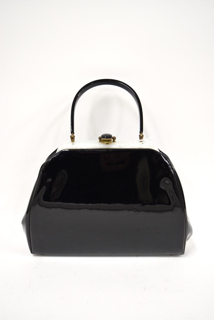 Patent Leather and Lucite Handbag: Black patent leather; 9.5in. X 13in.