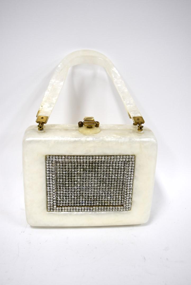 Vintage Lucite and Rhinestone Purse: White pearlized lucite and rhinestone; 7in. X 9in.