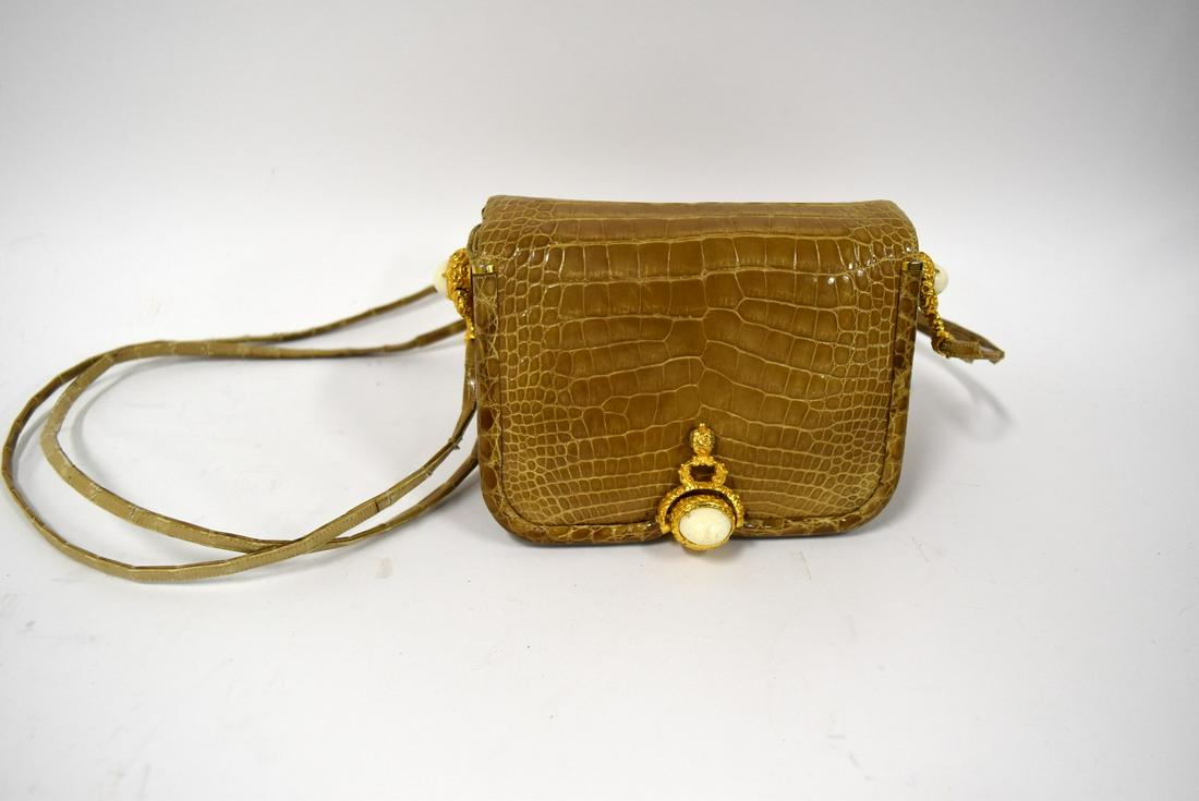 Judith Leiber Alligator Purse: Light brown alligator skin. Cabuchon hardstone decoration; 4in. X 6in.