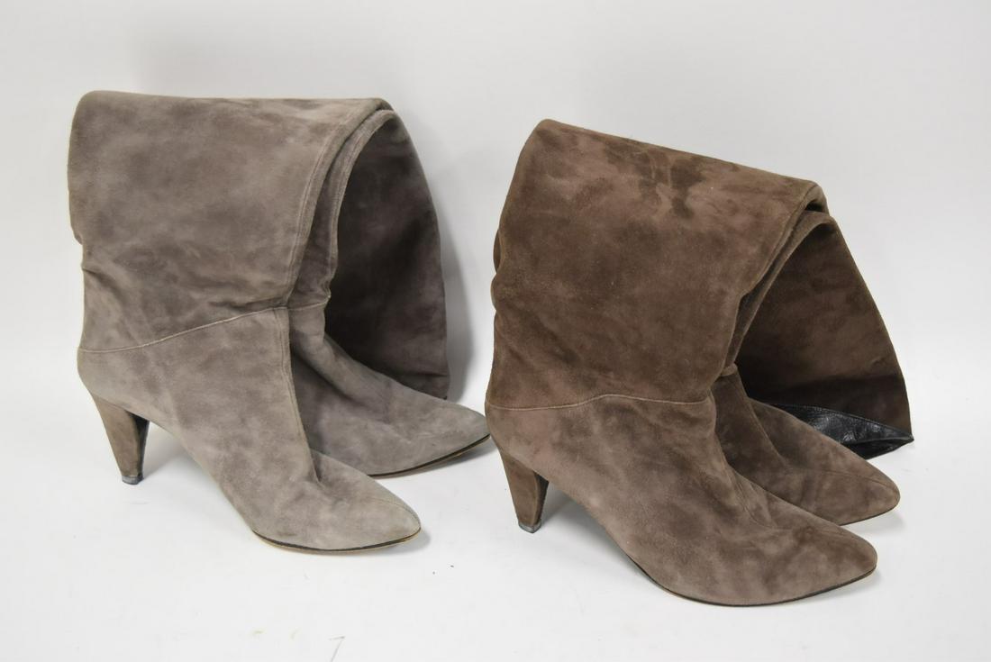 Cuir French Suede High Heel Boots: With turn over black leather cuffs. Size 38-38 1/2One pr. grey, one pr. brown.