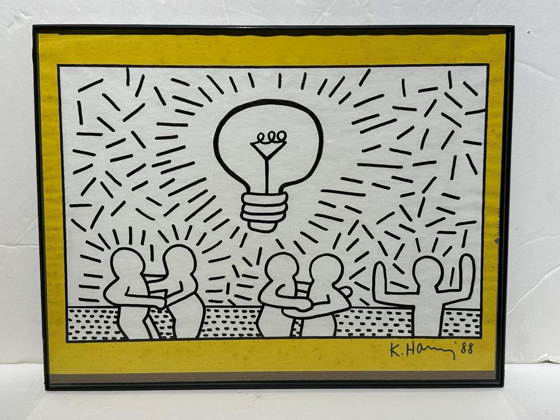 Keith Haring(after); 20thC. Felt -Tip Drawing: Felt-tip drawing on paper. Untitled. 1988(Figures Dancing Beneath a Light Bulb). After Keith Haring. Bears signature; 6.5in. x 10in.in.(image), 8.5in. X 11.5in. (framed)