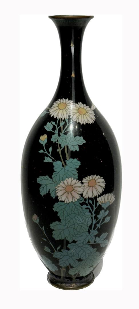 19thC. Japanese Cloisonne Vase: Japanese cloisonne enameled vase. Black ground with gold flecks. Butterfly, bamboo, daisy and foliage decoration. Meiji period; 12.25in.H. x 4.5in.W.