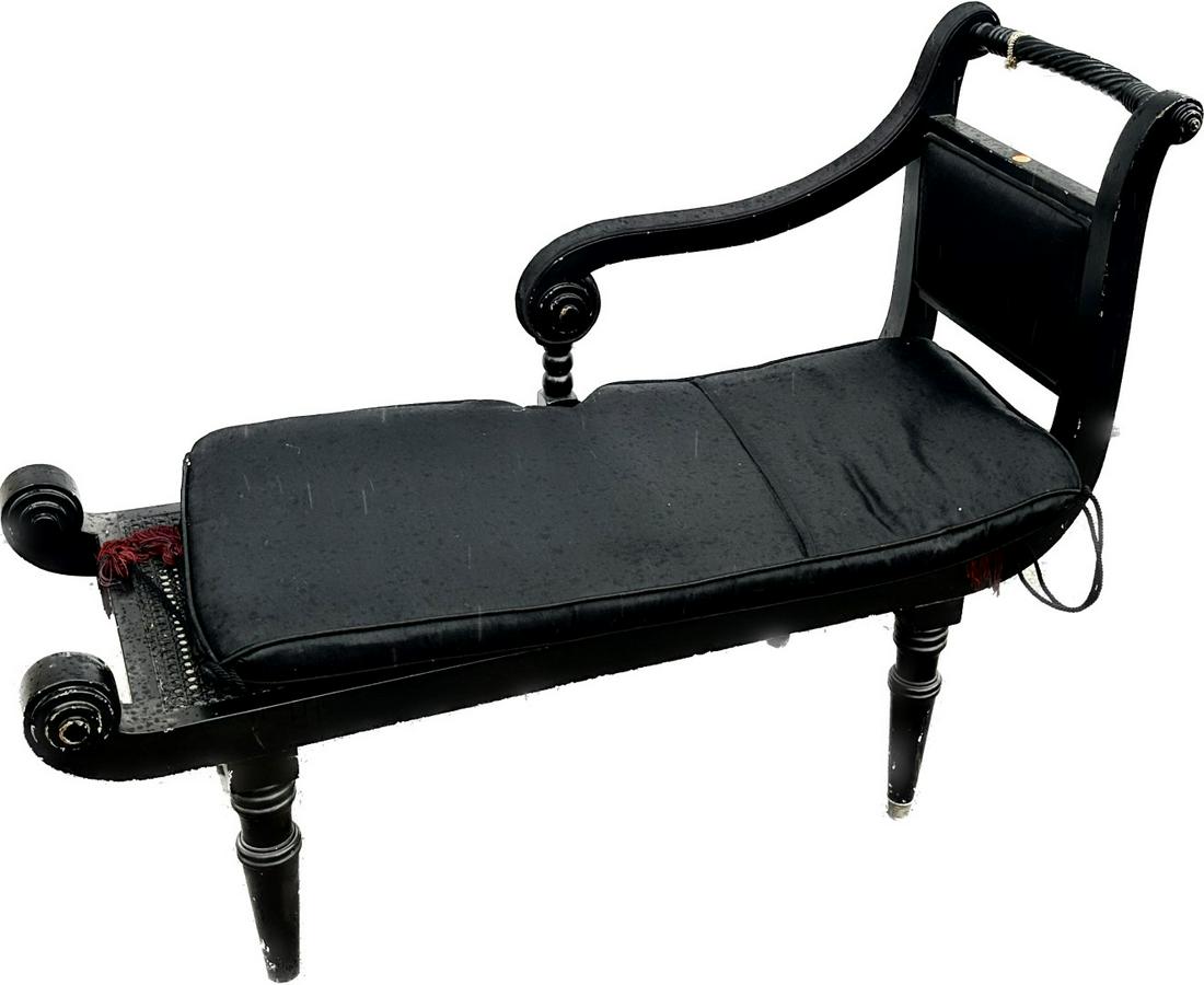 Victorion Eastlake Mahogany Recamier: Carved mahogany recamier. Scrolled designed with twisted wood handle. Silk upholstered cushion; 34in.H. x 44in.W. x 15in.D.