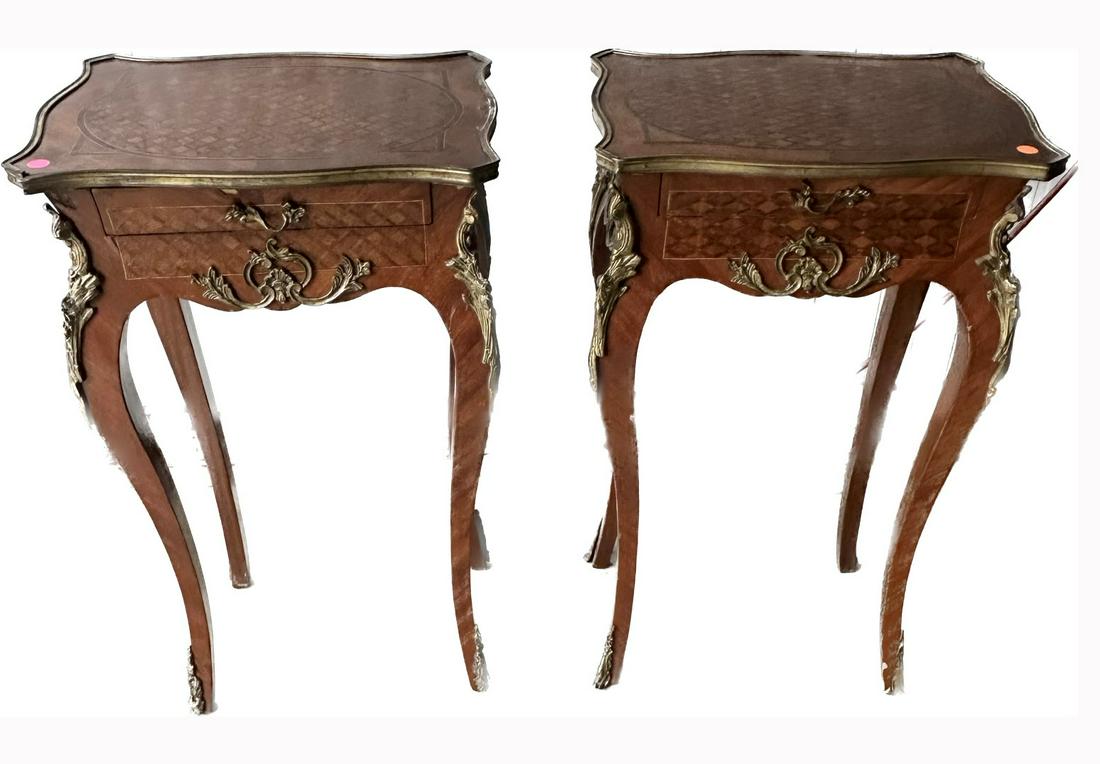 Pair of French Marquetry Inlaid and Bronze Mounted Side Tables: Pair of fine quality marquetry inlaid one-drawer side tables. Bronze ormolu mounts; 30in.H. x 17in.W. x 13in.D.