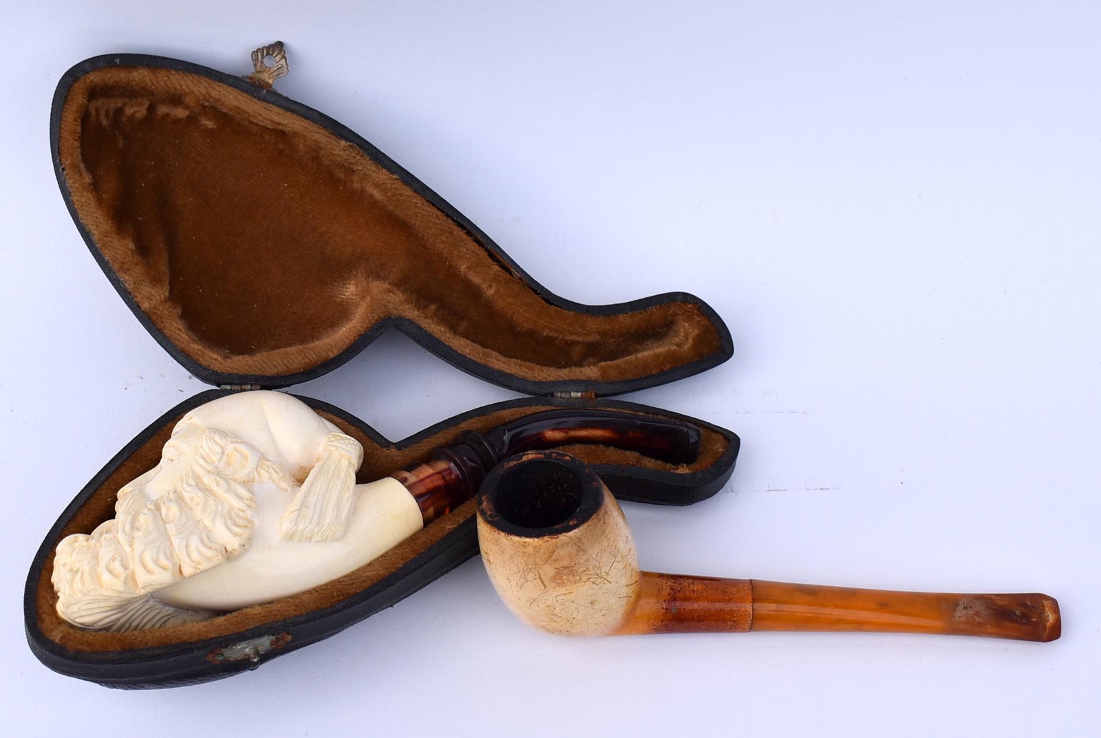 Meerschaum Pipe in Case. With other (2): Gentleman with Beard and other pipe. Size 7"