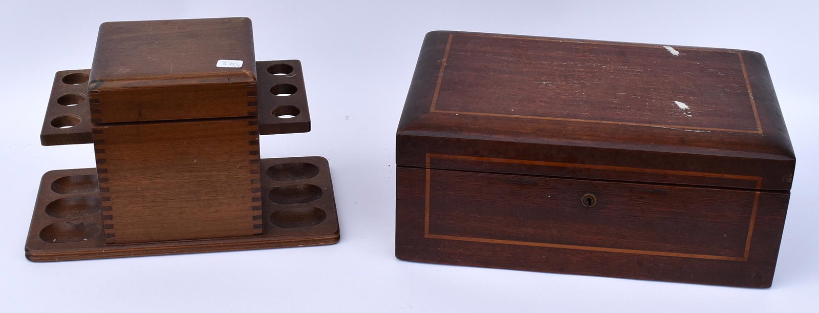 Vintage Pipe Holder and Humidor (2): Included in the lot is an antique smoker's box with string marquetry inlay. Size 9"H x 10"W x 5"D and 5"H x 12"W x 8"W