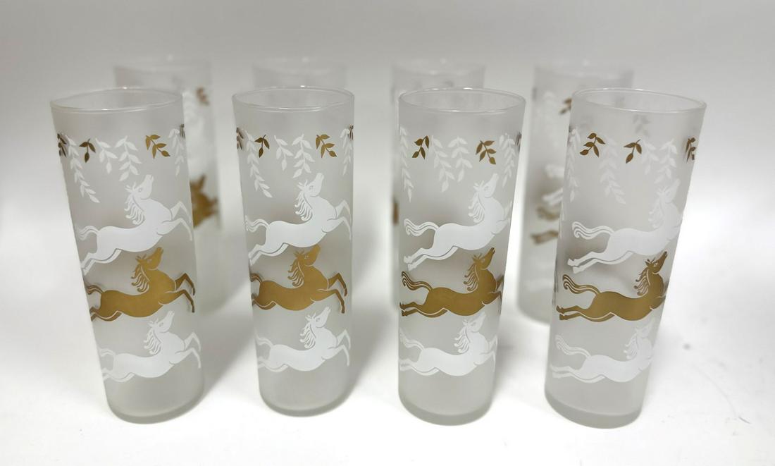 Set of Eight(8) Vintage Mid-Century Modern Frosted Highball Glasses: Set of eight(8) vintage Highball/Collins glasses. White and gold horse decoration ; 7in.H. each