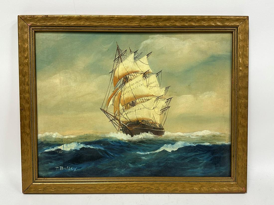 T. Bailey; 20thC. American Seascape Signed: Oil on canvas. Seascape with Clipper Ship. Signed lower left; 15in. x 20in.(image), 17.5in. x 22.5in.(framed)