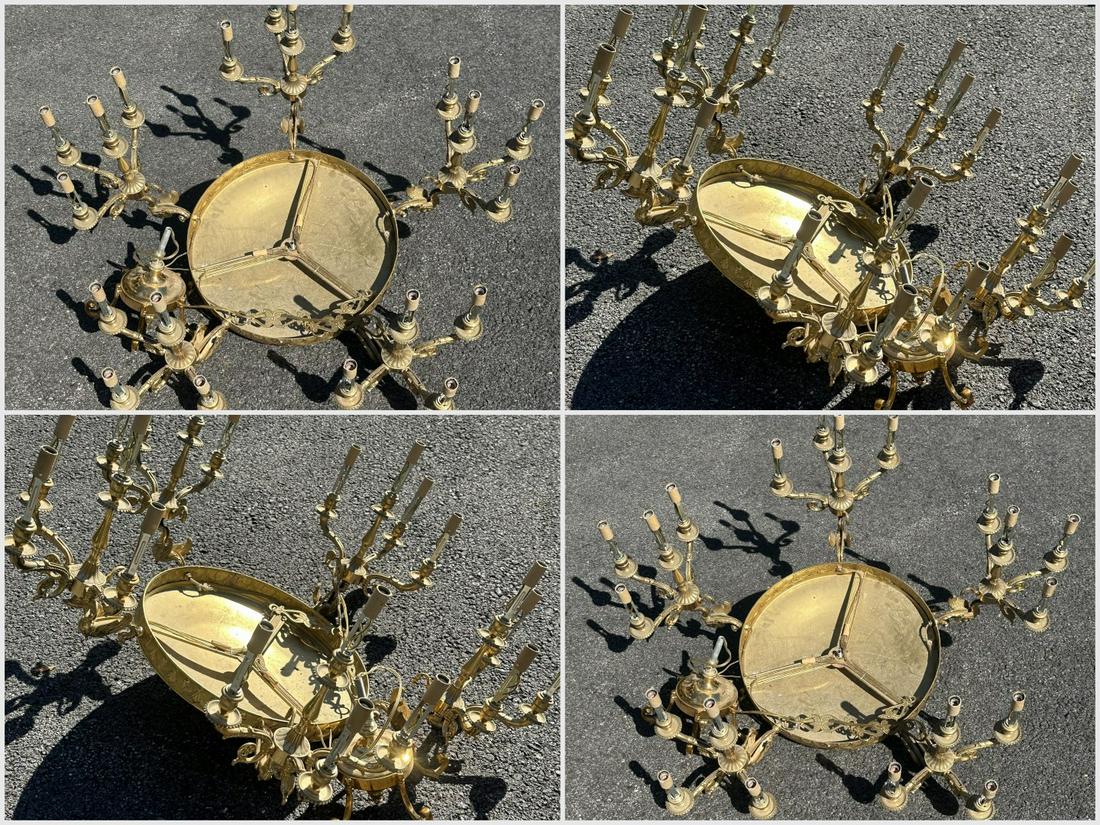 Four(4) Fancy Brass Chandeliers: Four(4) circular brass chandeliers. Four arm with 16 lights; 21in.H. x 32in.D.