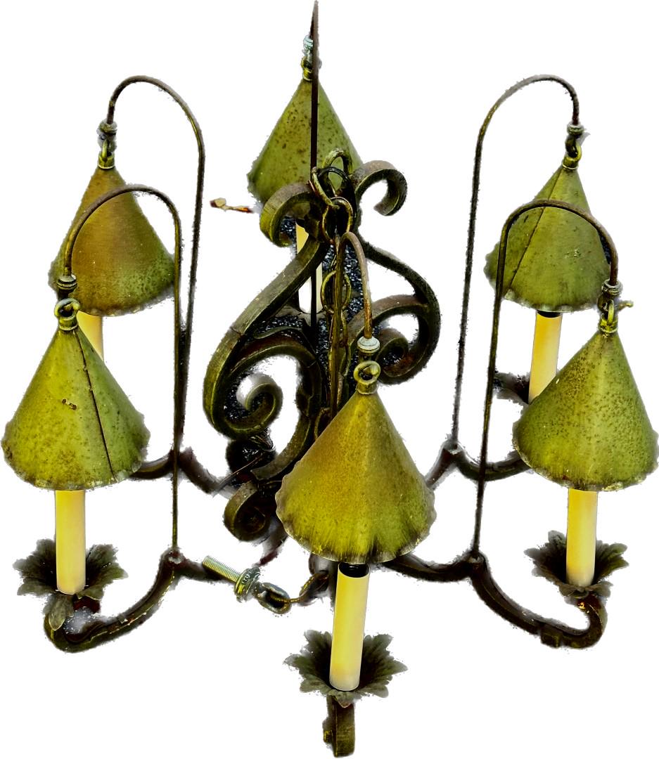 Arts & Craft Painted Iron Six(6) Light Chandelier: Green painted six(6) light iron chandelier; 16in.H. x 20in.W.