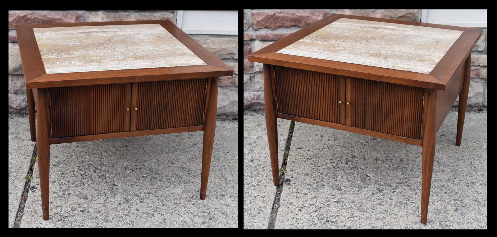 Pr. Marble Topped Travertine Tables: By Dillingham. With original tag. Size 21"H x 26"W x 26"D