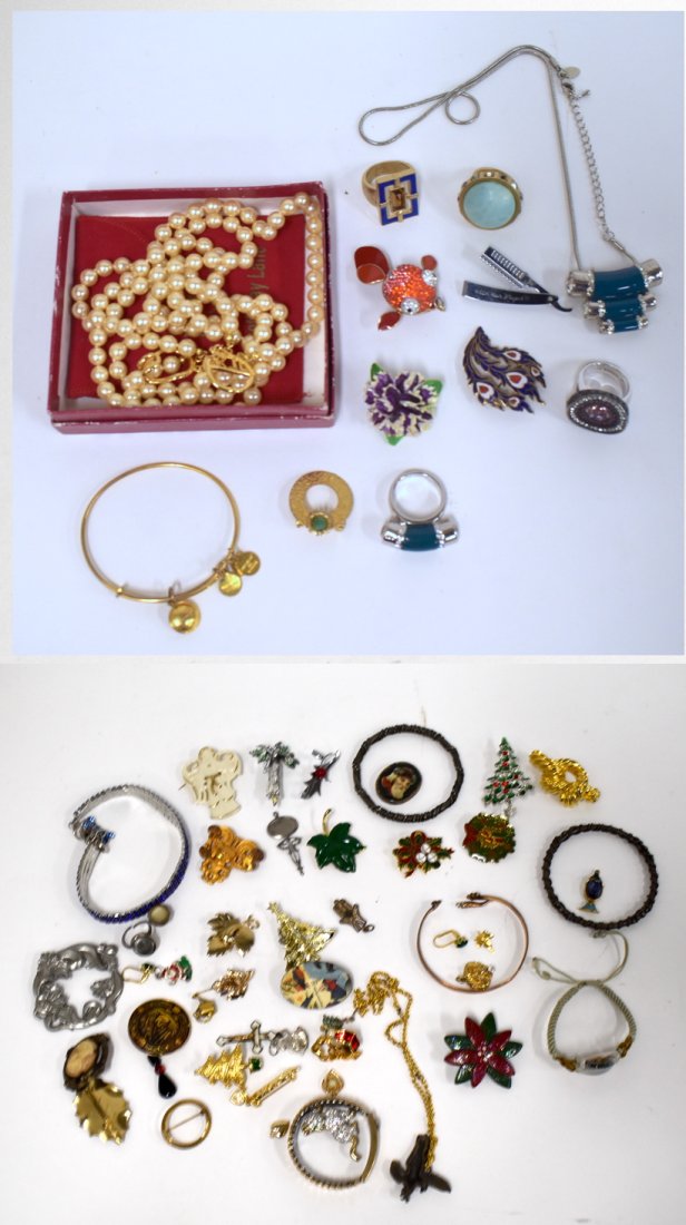 Lof of Signed & Other Costume Jewlery (40 +): Lot of Signed Costume Jewlery Includes Kenneth Jay Lane pearls in original box; nice Carolee "gold" brooch; Centennia Adderley brooch; Lia Sopnia ring and others. More than 40 pcs. in the lot