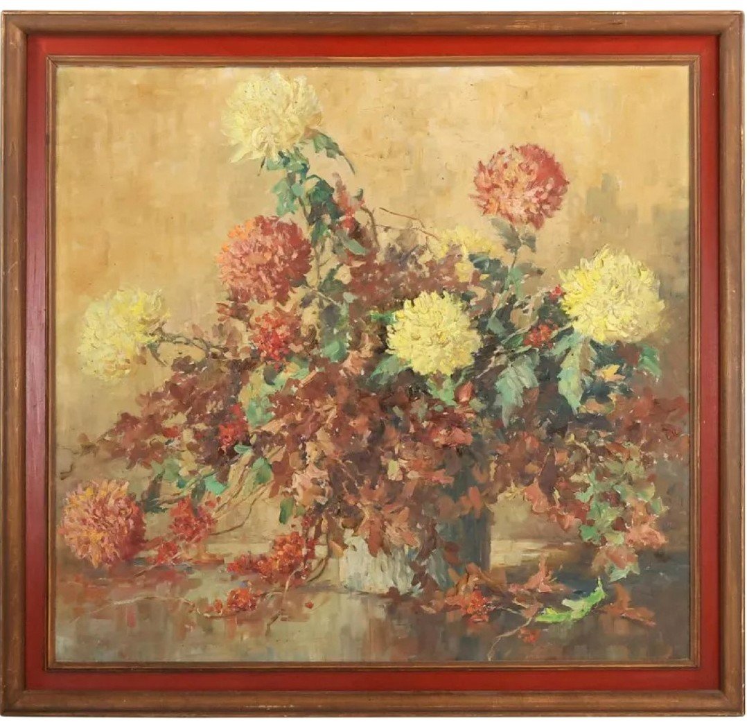 Jesse Hobby; American Oil Chrysanthemums in a Vase Signed: Jesse Carl Hobby (1871 - 1938) oil on canvas. A Still Life - Chrysanthemums in a Vase. Signed lower right; 32in. X 34in.(image), 37.5in. X 39.5in.(framed) Active/lived in Illinois. Jesse Hobby is know