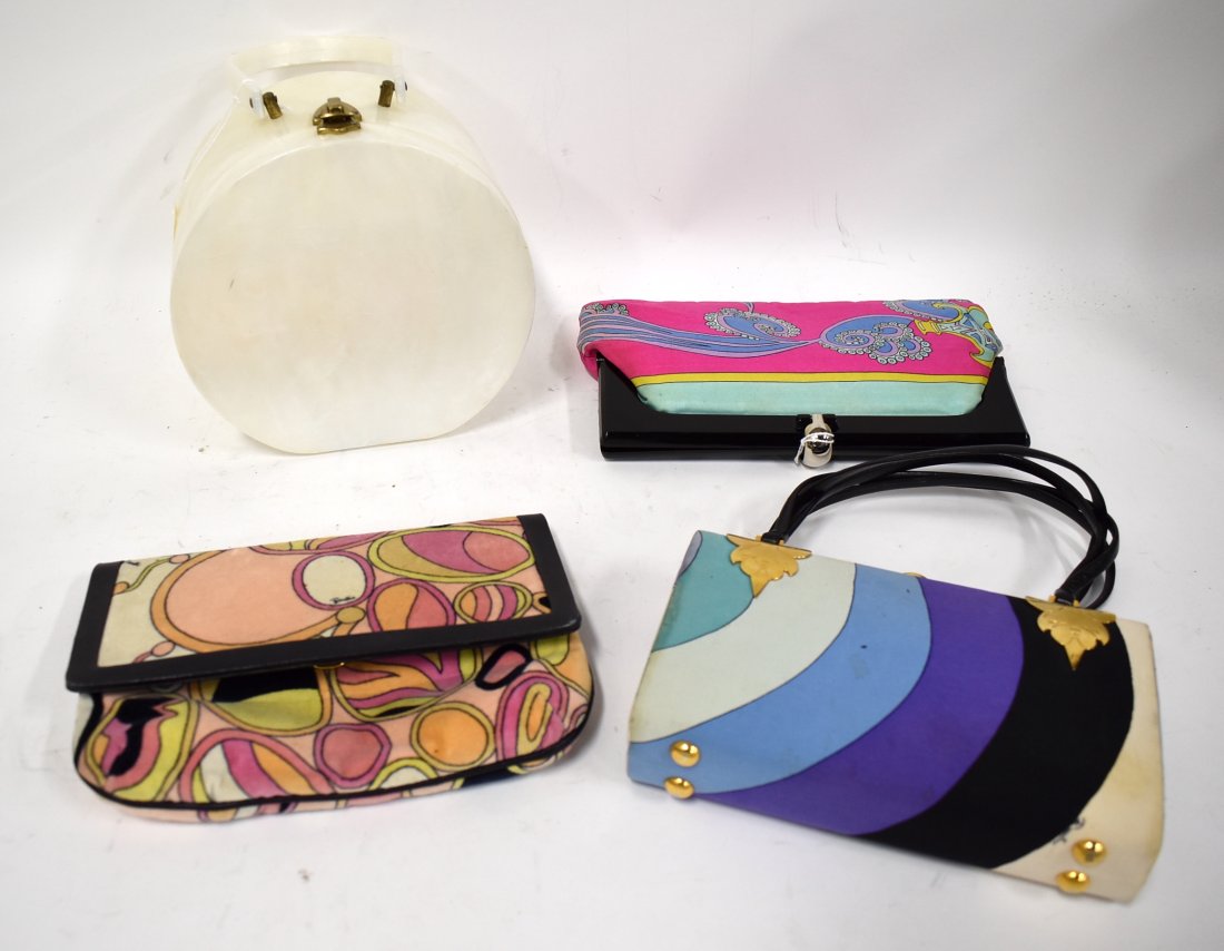 Collector or Dealer's Lot of Vintage Purses (4): Round white lucite; fabric clutch with black frame; Emilio Pucci handed purse,fabric body and Emilio Pucci by Jana fabric clutch with leather band Four in the lot.
