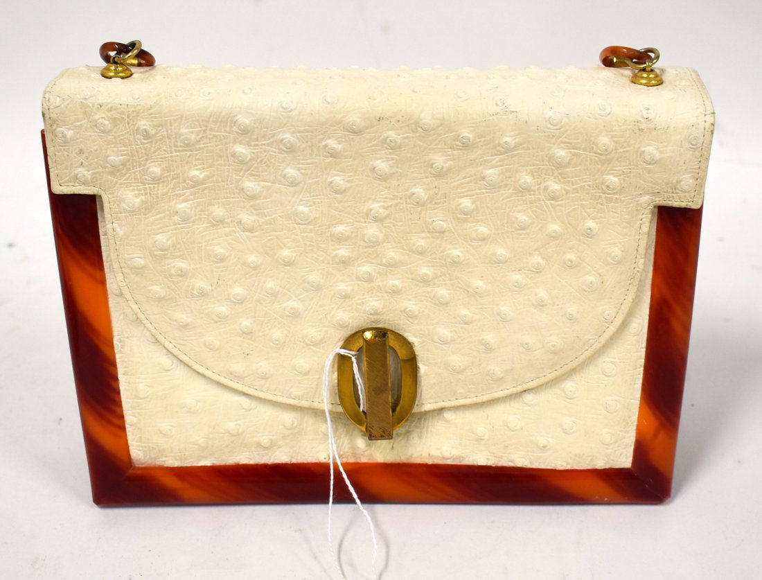 Robert Bastien Original Handbag: Alligator skin with bakelite frame and gold tone and "turquoise" chain shoulder strap