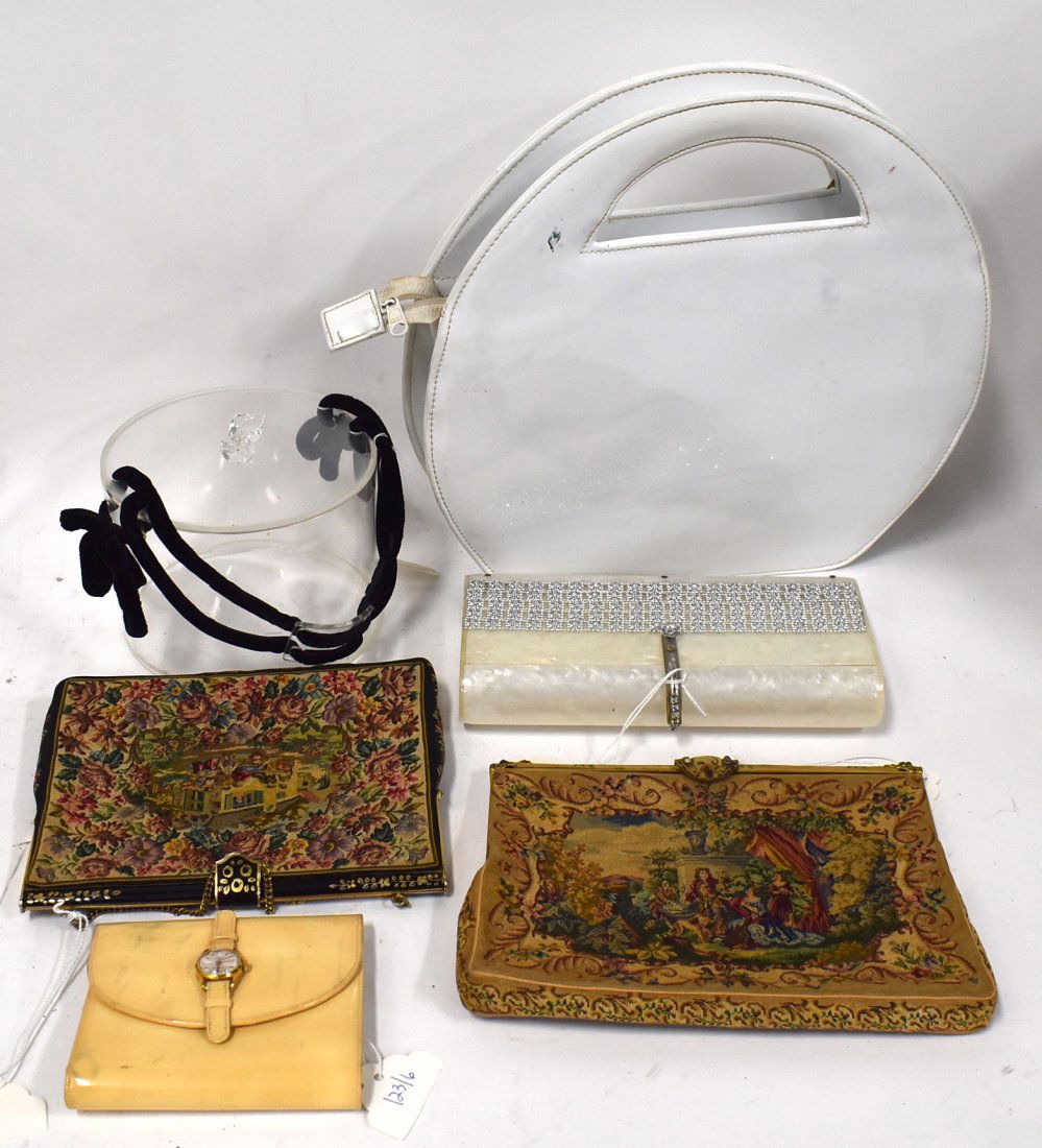 Dealer or Collector's Lot of Handbags & Gucci Wallet. (6): Unusual round white patent leather; beaded and lucite evening purse; French tapestry purse; unusual lucite cylindrical "hatbox' purse with velvet handles; Helene Dale Paris tapestry bag with chain han