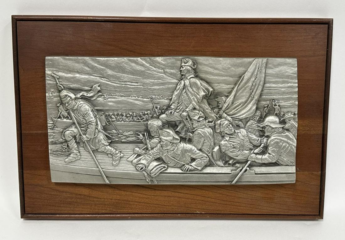 Franklin Mint Bas Relief Pewter Plaque: Bas relief pewter plaque. Washington Crossing the Delaware. By William Shoyer. Issue by The Franklin Mint, 1977; 9.75in. x 14.75in.(overall)
