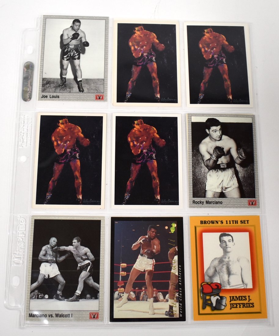 Boxing Cards.Inc. The Greats (13): Joe Louis (5), Marciano (2), Ali, Jefferies, Holyfield Foreman (2)Thirteen cards in the lot.