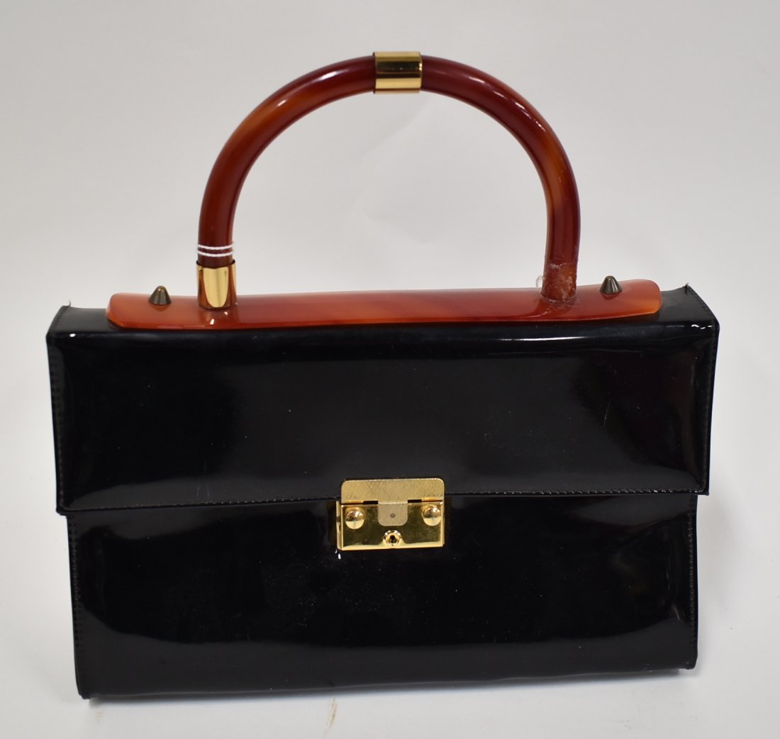 Lucite and Patent Leather Handbag: Unable to open to check for label. Perhaps takes a key?